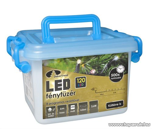 Design Dekor KDV 125 Kültéri vezérlős LED-es fényfüzér, 8 program, 6 m, fekete kábellel, 120 db színes (sokszínű) LED-del