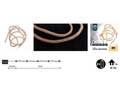 DekorTrend KNY 001 Beltéri elemes LED kötél fényfüzér 20 db MELEG FEHÉR fényű, kötélbe rejtett LED-del, 2 m hosszú