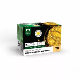   Dekortrend KNY 100 Kültéri napelemes fényfüzér csíptetővel, 70 db MELEG FEHÉR LED-del, átlátszó kábel, 7 méter