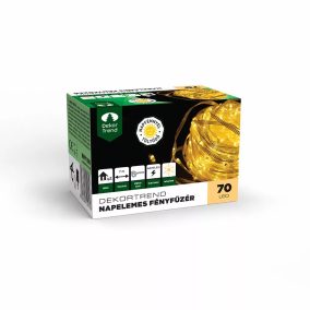   Dekortrend KNY 100 Kültéri napelemes fényfüzér csíptetővel, 70 db MELEG FEHÉR LED-del, átlátszó kábel, 7 méter