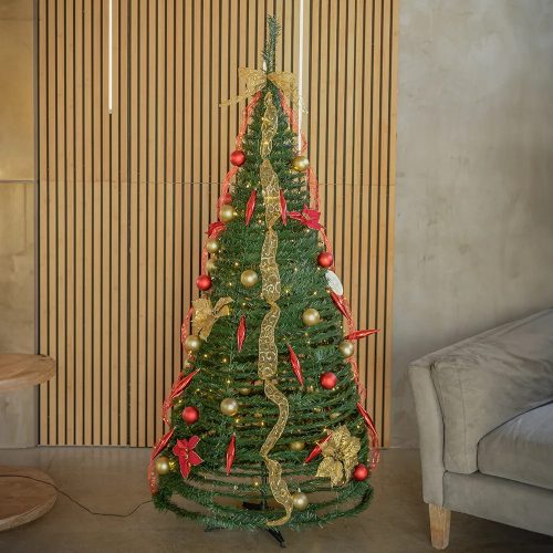 POP-UP KFB 425 Pillanatok alatt felállítható LED-es dús műfenyő masni, szalag, gömb és virág dekorációval, zöld, 150 cm