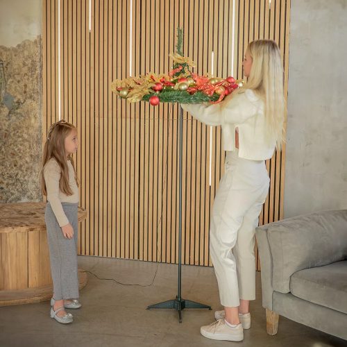 POP-UP KFB 428 Pillanatok alatt felállítható LED-es dús műfenyő masni, szalag, gömb és virág dekorációval, zöld, 180 cm