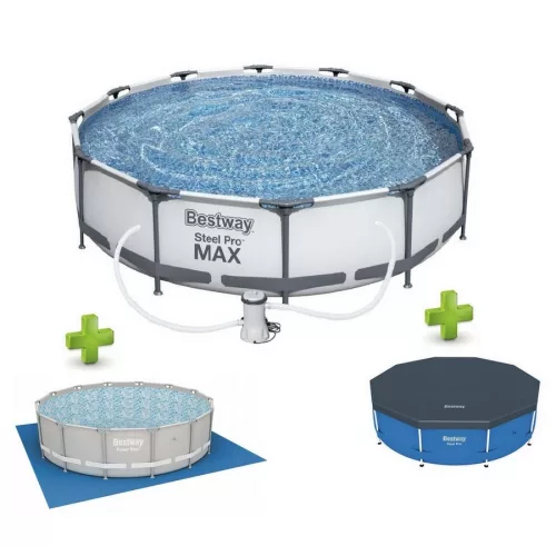 Bestway Steel Pro Max MAUI Superior XXL Fémvázas kerti medence szett, vízforgatóval, védőtakaróval és talajtakaróval, szürke, 305 x 76 cm