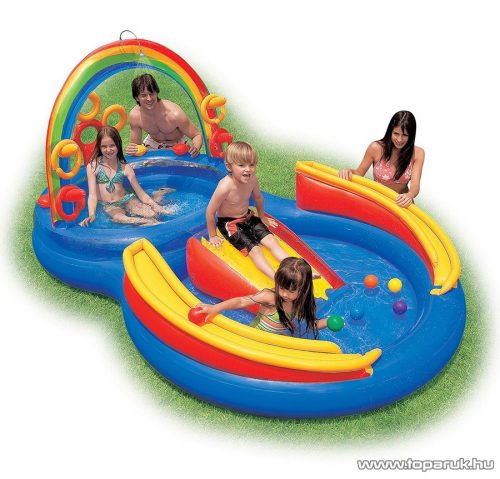 Intex Szivárvány élménymedence, csúszdás kerti családi medence, 297 x 193 x 135 cm