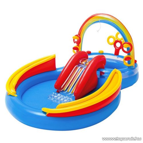 Intex Szivárvány élménymedence, csúszdás kerti családi medence, 297 x 193 x 135 cm
