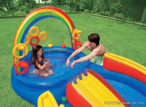 Intex Szivárvány élménymedence, csúszdás kerti családi medence, 297 x 193 x 135 cm