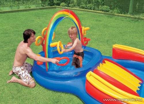 Intex Szivárvány élménymedence, csúszdás kerti családi medence, 297 x 193 x 135 cm
