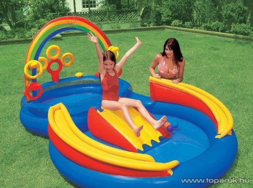 Intex Szivárvány élménymedence, csúszdás kerti családi medence, 297 x 193 x 135 cm