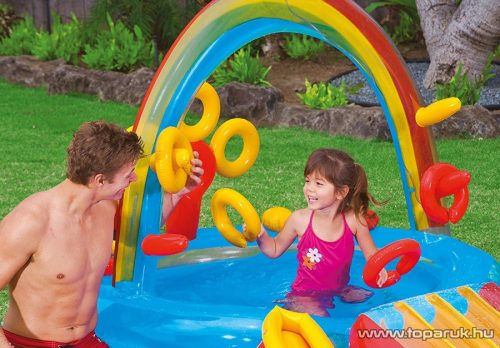 Intex Szivárvány élménymedence, csúszdás kerti családi medence, 297 x 193 x 135 cm