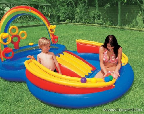 Intex Szivárvány élménymedence, csúszdás kerti családi medence, 297 x 193 x 135 cm