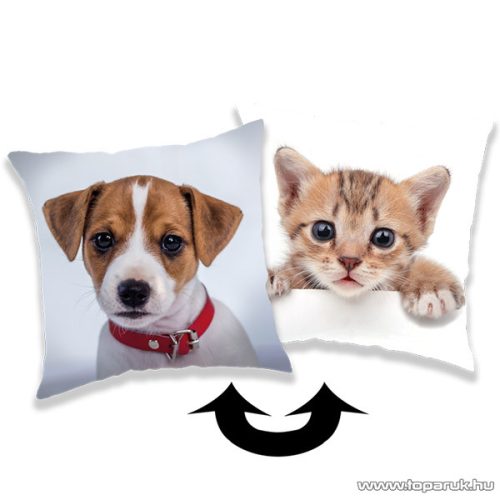 Kutya és cica mintás, átsimítható, flitteres díszpárna, 40 x 40 cm
