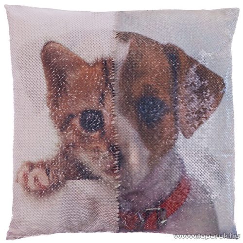 Kutya és cica mintás, átsimítható, flitteres díszpárna, 40 x 40 cm