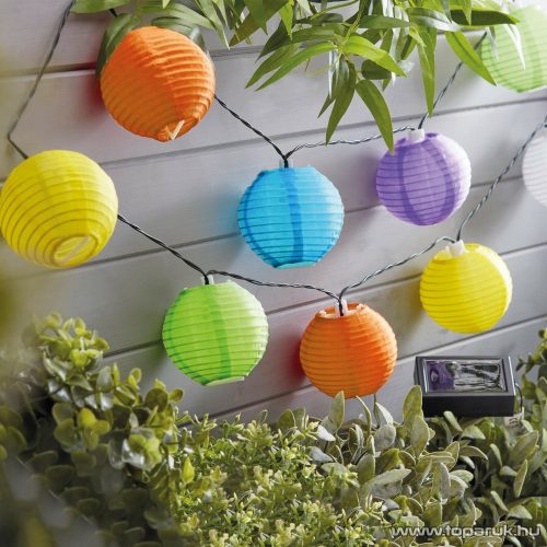 Garden of edeN 11227B Kültéri szolár lampion napelemes fényfüzér, 10 db színes lampion, hidegfehér LED világítással, 3,7 m