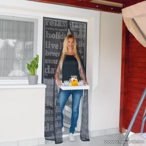 Mosható szúnyogháló függöny ajtóra, mágnessel záródó, 100 x 210 cm (mágneses szúnyogháló), feliratos mintás