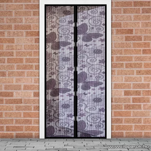Mosható szúnyogháló függöny ajtóra, mágnessel záródó, 100 x 210 cm (mágneses szúnyogháló), lila pillangós mintával