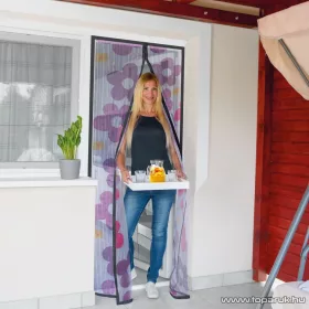   Mosható szúnyogháló függöny ajtóra, mágnessel záródó, 100 x 210 cm (mágneses szúnyogháló), lila virág mintás