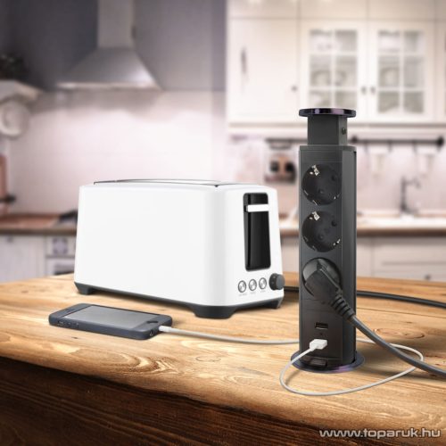 Rejtett elosztó 3-as, 1,5 m vezetékkel + 2 db USB csatlakozóval, szálcsiszolt fekete (20430BBU)