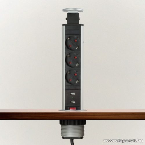 Rejtett elosztó 3-as, 1,5 m vezetékkel + 2 db USB csatlakozóval, szálcsiszolt fém (20430BU)