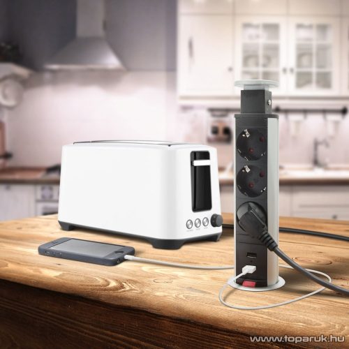 Rejtett elosztó 3-as, 1,5 m vezetékkel + 2 db USB csatlakozóval, króm (20430CU)