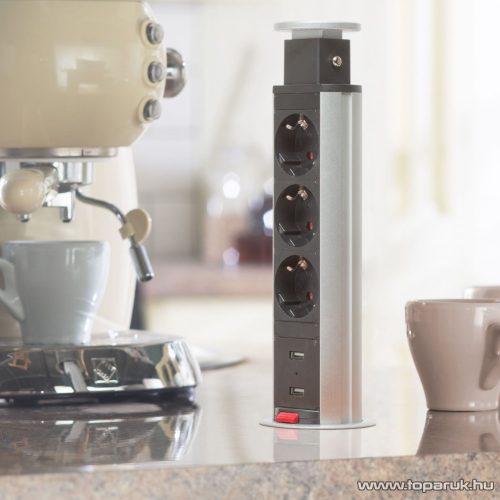 Rejtett elosztó 3-as, 1,5 m vezetékkel + 2 db USB csatlakozóval, króm (20430CU)