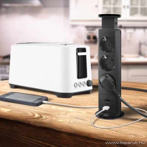 Rejtett elosztó 3-as, 1,5 m vezetékkel + 2 db USB csatlakozóval, matt fekete (20430MBU)