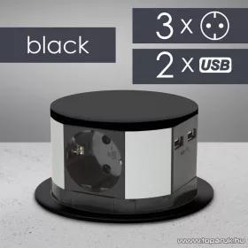   delight Beépíthető rejtett elosztó USB csatlakozóval, 3 db aljzattal és 2 db USB-csatlakozóval, fekete (20433BK)