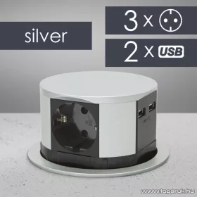   delight Beépíthető rejtett elosztó USB csatlakozóval, 3 db aljzattal és 2 db USB-csatlakozóval, ezüst (20433)
