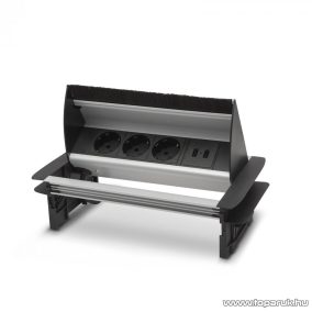   Delight 20442 Rejtett elosztó kábelkivezető nyílással, 3-as + 2 x USB, 2,1A, felnyíló kivitel, szálcsiszolt