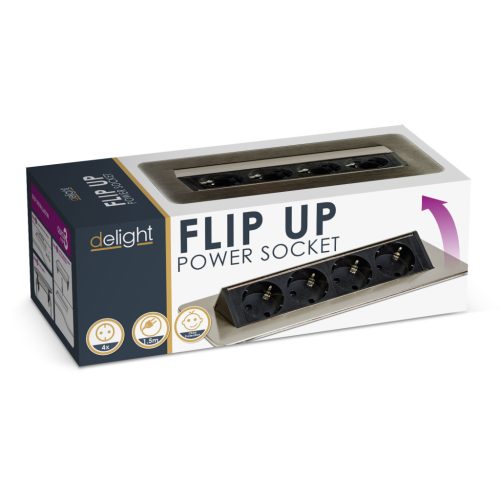 delight 20446B 4-es FLIP-UP rejtett elosztó, felnyíló kivitel, szálcsiszolt, 1,5 m / max. 3500W