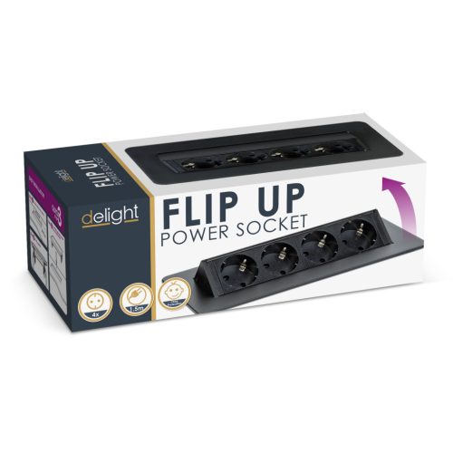 delight 20446BK 4-es FLIP-UP rejtett elosztó, felnyíló kivitel, fekete, 1,5 m / max. 3500W