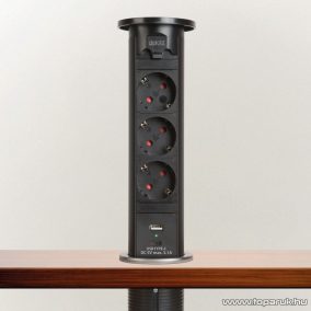   delight Motoros rejtett elosztó 3-as + USB-A, Type-C csatlakozókkal, fekete (20451B)