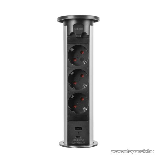 delight Motoros rejtett elosztó 3-as + USB-A, Type-C csatlakozókkal, ezüst (20451S)