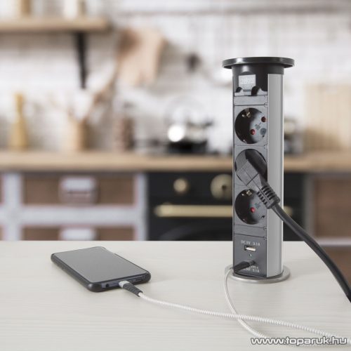 delight Motoros rejtett elosztó 3-as + USB-A, Type-C csatlakozókkal, ezüst (20451S)