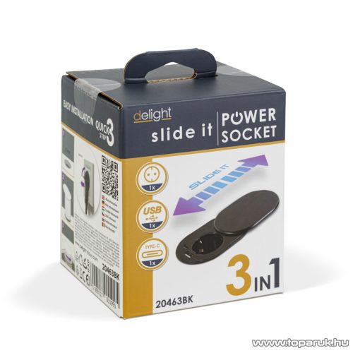 delight Beépíthető rejtett konnektor aljzat + USB + Type-C csatlakozó aljzat "Slide it" technológiával, fekete (20463BK)
