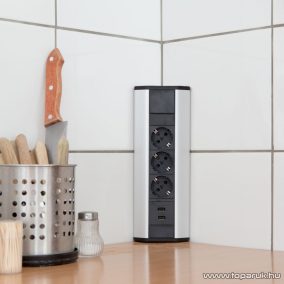   Delight 20483 Aluminum házas sarok elosztó, 3 x 250V, 16A + 2 x beépített USB porttal