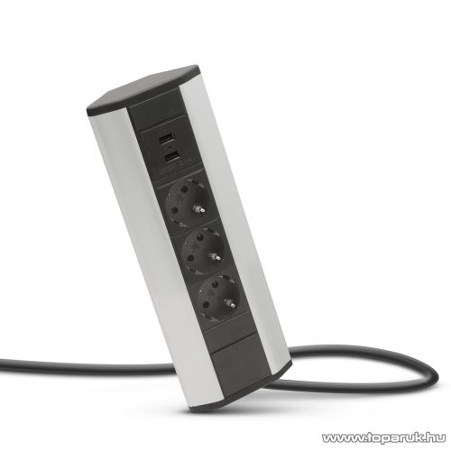 Delight 20483 Aluminum házas sarok elosztó, 3 x 250V, 16A + 2 x beépített USB porttal