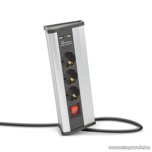 Delight 20483S Aluminum házas sarok elosztó, 3 x 250V, 16A + 2 x beépített USB, kapcsolóval