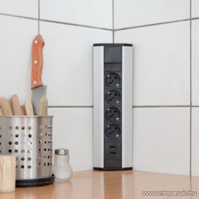   Delight 20484 Aluminum házas sarok elosztó, 4 x 250V, 16A + 2 x beépített USB porttal