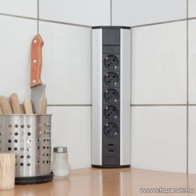   Delight 20485 Aluminum házas sarok elosztó, 5 x 250V, 16A + 2 x beépített USB porttal
