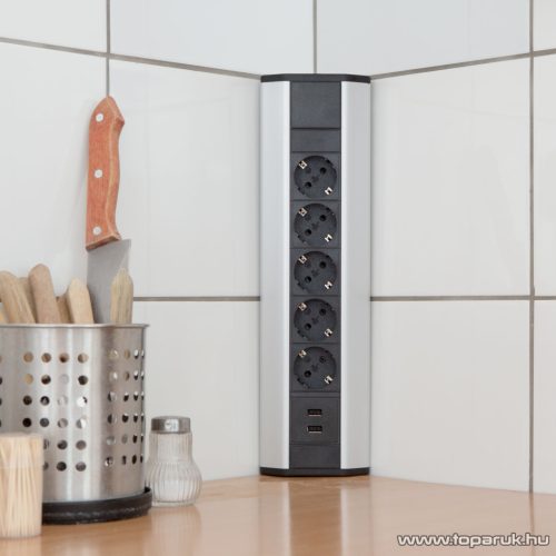 Delight 20485 Aluminum házas sarok elosztó, 5 x 250V, 16A + 2 x beépített USB porttal