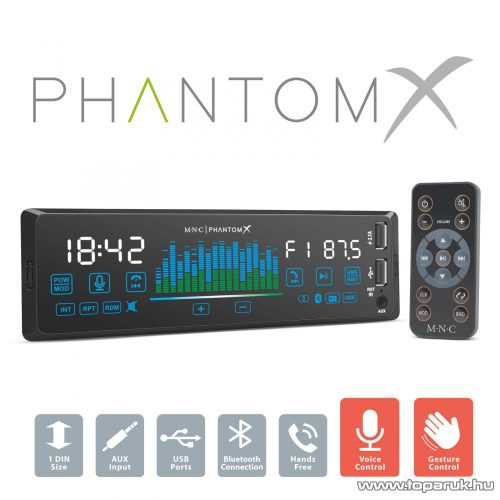 MNC 39752 PhantomX autórádió fejegység érintőgombokkal és gesztusverzéléssel + távirányítóval, 1 DIN, 4 x 50 W