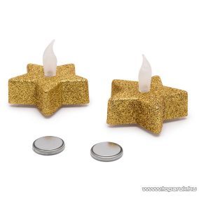   Beltéri elemes Csillámos, csillag alakú LED-es teamécses szett (2 db), pislákoló fényjáték, arany színű mécsesek (55244G)