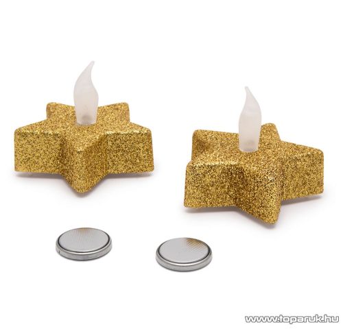 Beltéri elemes Csillámos, csillag alakú LED-es teamécses szett (2 db), pislákoló fényjáték, arany színű mécsesek (55244G)