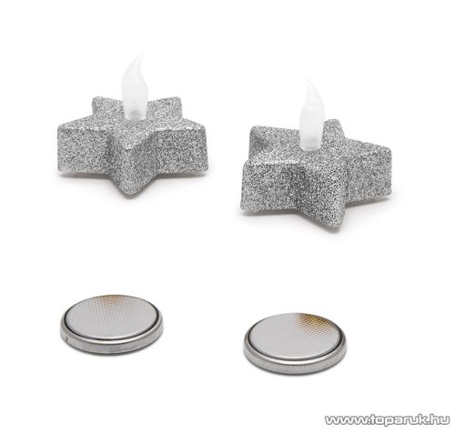 Beltéri elemes Csillámos, csillag alakú LED-es teamécses szett (2 db), pislákoló fényjáték, ezüst színű mécsesek (55244S)