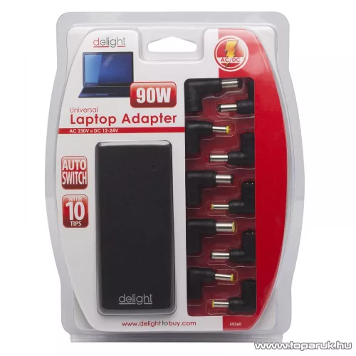 Delight univerzális laptop / notebook töltő adapter tápkábellel, 12V - 24V / 5A - 6A, 90W (55360)