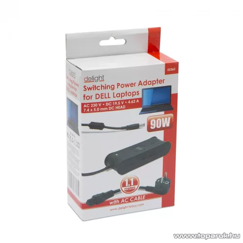Delight Laptop notebook töltő adapter DELL típusokhoz, 90W / 19.5V / 4.62A (55363)