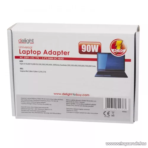 Delight univerzális laptop / notebook töltő adapter tápkábellel, 19V / 4,72A, 5,5mm / 2,5mm, 90W (55365)