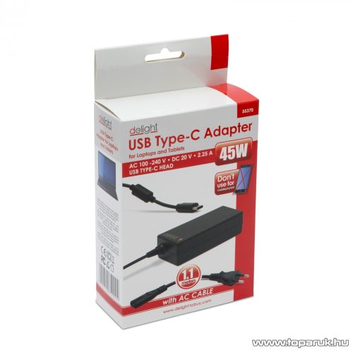 Delight 55370 Univerzális USB Type-C laptop, notebook töltő adapter tápkábellel, 20 V / 2,25 A, 45 W
