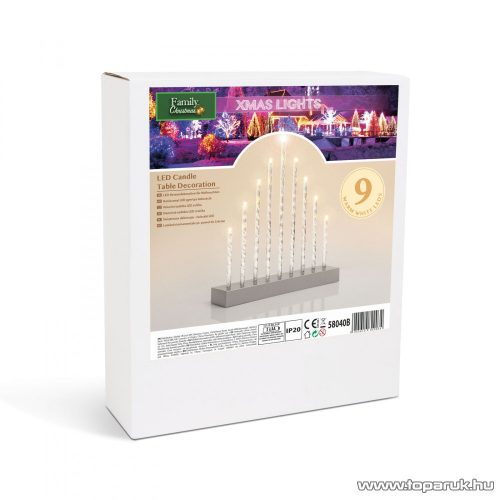 Karácsonyi beltéri elemes LED gyertya ablakdísz dekoráció, 9 LED, melegfehér világítással (58040B)