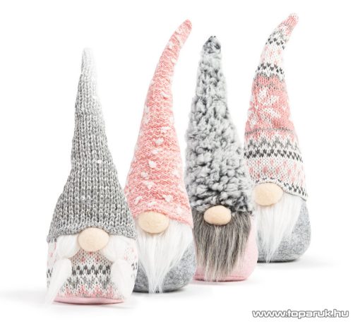 Karácsonyi skandináv manó dekoráció, bolyhos szürke sapkával, 22 cm magas